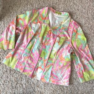 Sigrid Olsen - Womens (Sz 16) Jacket, Green / PinkFloral with Pink Piping Blazer